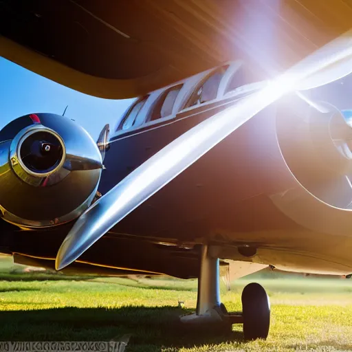 Image similar to beautiful shiny rotor plane about to take off, vintage 50s plane, high resolution 4k picture, engine is rotating and about to take off. sun glare on the camera