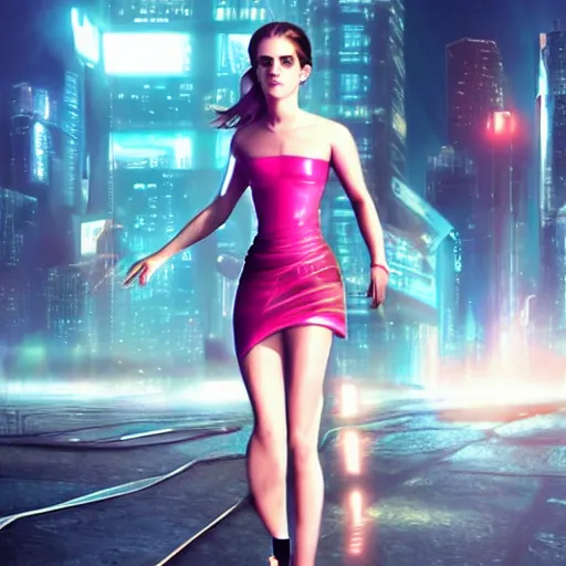 Image similar to Emma Watson full body shot, the background is a huge futuristic city, cyberpunk style futuristic neon lights, artstation cgsociety masterpiece highly-detailed