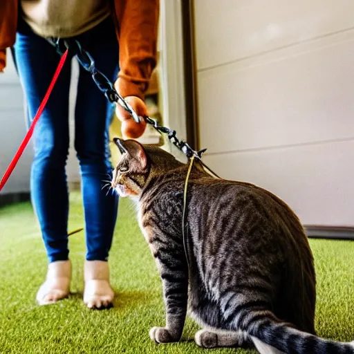 Prompt: a cat standing up on back legs, with a human on a leash as a pet