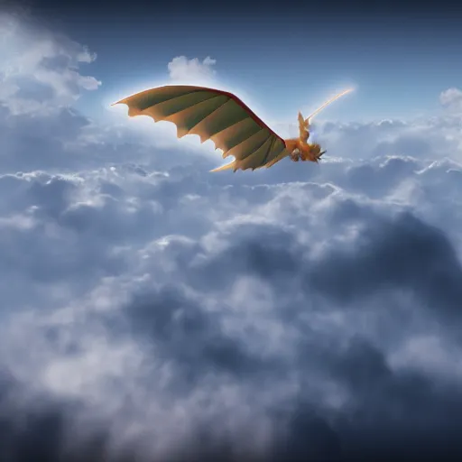 Prompt: luck dragon falcore soaring in the sky, photorealistic, 8 k rendering, vray, drum scanner