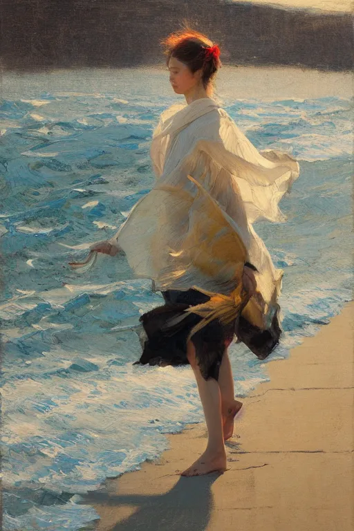 Prompt: wind, koi, kimono, beach, fabric blowing in the wind, sunlight, jeremy lipking, joseph todorovitch