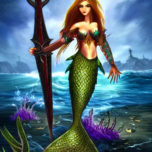 Image similar to fantasy mermaid warrior holding a sharp trident, sea background with sea weeds and small sea creatures, rpg, dota 2 art