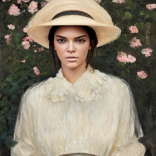 Prompt: happy very thick paint brush strokes paint texture full body fashion model kendall jenner by Jeremy Lipking by Hasui Kawase by Richard Schmid (((smokey eyes makeup eye shadow fantasy, glow, shimmer as victorian woman in a long white frilly lace dress and a large white hat having tea in a sunroom filled with flowers, roses and lush fern flowers ,intricate, night, highly detailed, dramatic lighting))) , high quality