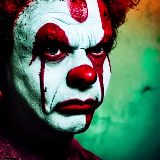 Prompt: medium shot of an expressionless clown with blood splattered on his face, muted tones, slightly out of focus, found footage, bland colors