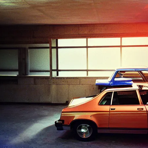 Prompt: 1975 hatchback, inside of an badly lit 1970s parking garage, ektachrome photograph, volumetric lighting, f8 aperture, cinematic Eastman 5384 film