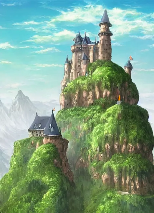 Image similar to cartoon illustration of a castle on top of a hill, concept art by hayao miyazaki, featured on pixiv, fantasy art, concept art, official art, anime aesthetic