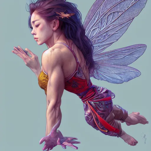 Image similar to beautiful natural fairy winged redhead martial artist karate fey fae muscular body shortsword summer gi, kung fu, vivid colors, intricate, elegant, highly detailed, digital painting, artstation, concept art, smooth, sharp focus, illustration, art by artgerm and greg rutkowski and alphonse mucha and loish and wlop