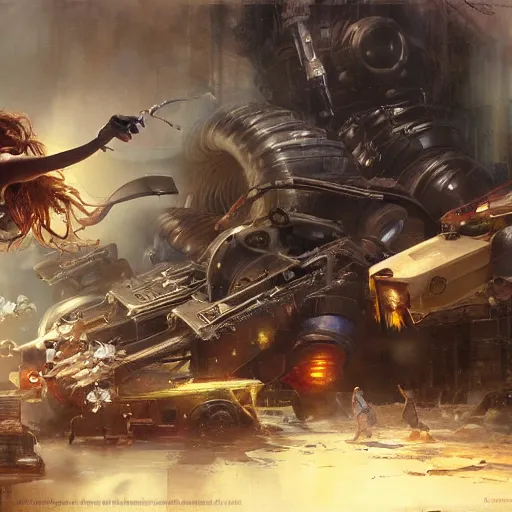 Image similar to neo luddites complaining about new technology by raymond swanland, highly detailed, bright tones