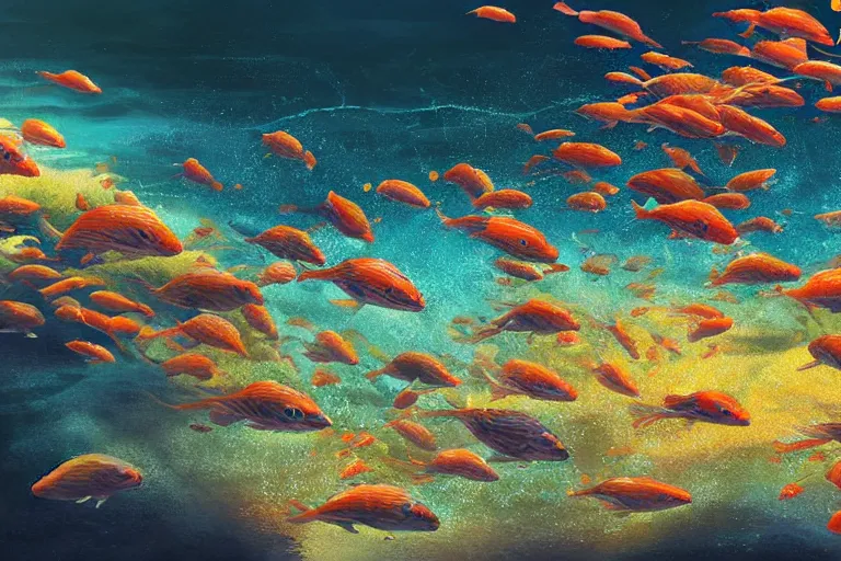 Image similar to portrait of goldfishes swarming the ocean. shadow and light. rays of light. energetic, dynamic, lively, detailed, intricate, complex. fine art by hayao miyazaki, akira toriyama, makoto shinkai, and ohara koson. studio lighting. tilt and shift lens.