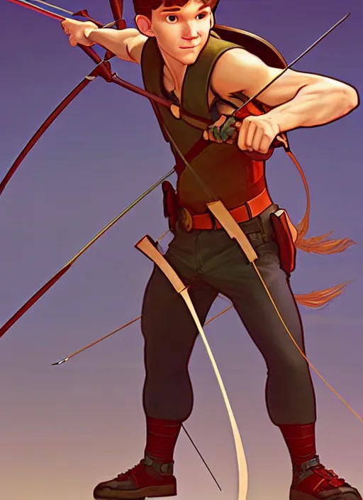 Image similar to cute archer tom holland, natural lighting, path traced, highly detailed, high quality, digital painting, by don bluth and ross tran and studio ghibli and alphonse mucha, artgerm