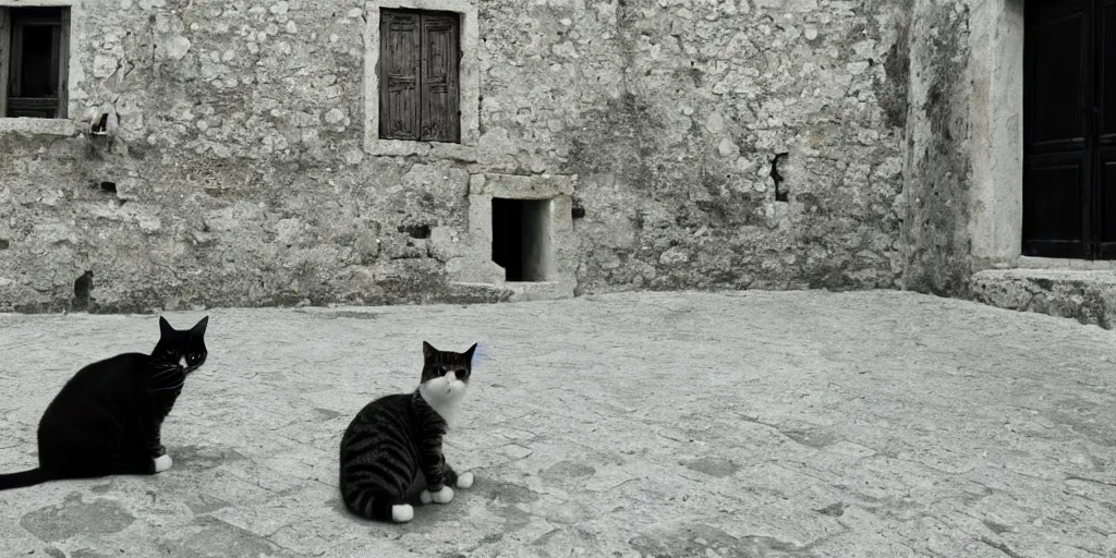 Image similar to photography of a cat with mortadela in his mouth at italian puglia with trulli houses in the background, photoreal, 3 5 mm, award winning photography