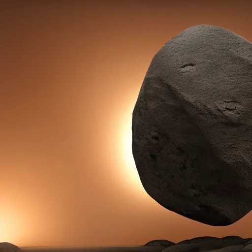 Image similar to a large boulder rock with a metallic finish is embedded in a circular matte black industsrial stage in the center of a dark space, a ring of overhead lights cast onto the rock and it throws caustic reflections into space, low misty atmosphere, hyper realistic image in the style of jeremy geddes but photo real, dark black space, 8k octane render