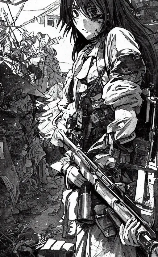 Prompt: manga style, from shonen jump, black inking, modern warfare, portrait of a girl under artillery fire, trench sandbags in background, soldier clothing, long hair, hair down, symmetrical facial features, comic page, trending pixiv, shadow patterns, by alphonse mucha, greg rutkowski, cushart kenz, sharp focus, backlit