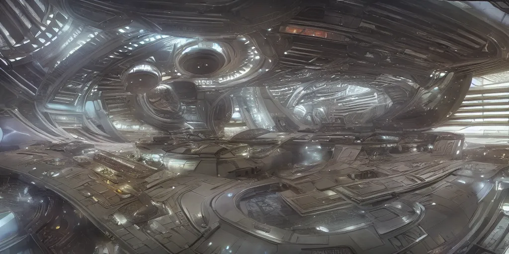 Image similar to cinematic still of hyper detailed hard surface modelled realistic afro futurist, spaceport designed by frank lloyd wright architect, deep perspective, wide angle, hyper detailed and intricate, concept art