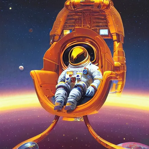 Image similar to astronaut sitting on the golden chair in galaxy, digital painting by dean cornwall, rhads, john berkey, tom whalen, alex grey, alphonse mucha, donoto giancola,