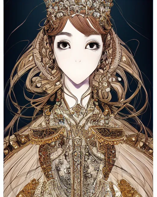 Image similar to portrait of a queen, elegant, beautiful, mesmerizing, concept art, fancy clothing, highly detailed, inspired by otoyomegatari manga, artstation, behance, deviantart, trending, ayami kojima, shinichi sakamoto, kaoru mori