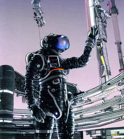 Image similar to cyberpunk japanese man with long limbs and a black spacesuit on a spacewalk outside of their ship, techwear, Industrial Scifi, detailed illustration, character portrait, by Martin Grip and Moebius