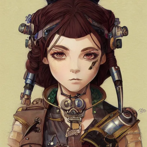 Image similar to steampunk warrior girl, highly detailed, colored pencil, studio ghibli, ilya kuvshinov krenz cushart mucha