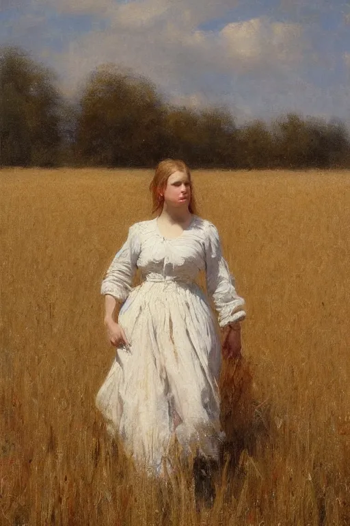 Image similar to Solomon Joseph Solomon and Richard Schmid and Jeremy Lipking victorian genre painting full length portrait painting of a young cottagecore walking in an open field of wheat, red background