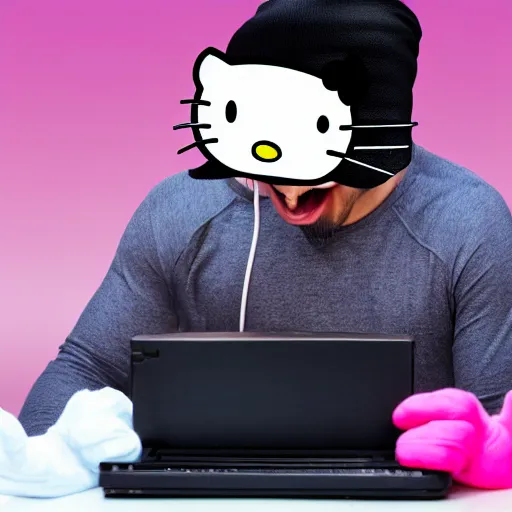 Image similar to Stock photo of a human burglar wearing a ski mask hacking into a pink Hello Kitty computer, funny, bizzare