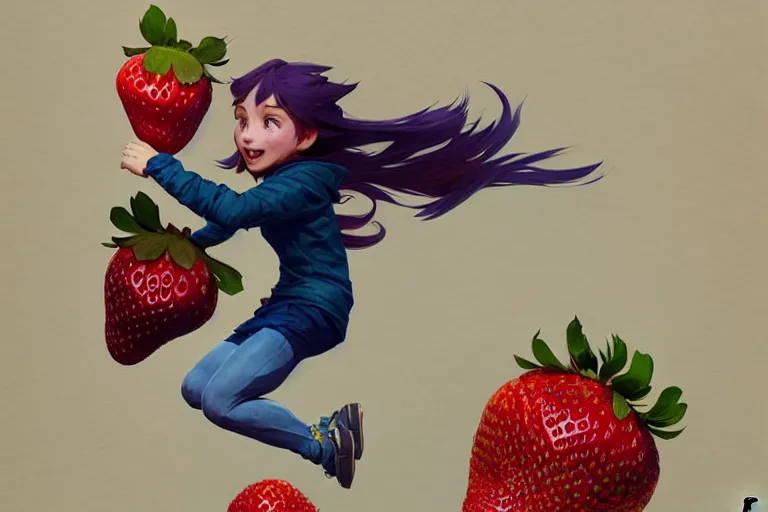 Prompt: madeline from celeste jumping to a big strawberry, ( ( ( blue bubble jacket ) ) ) ( ( ( red long hair ) ) ), highly detailed, digital painting, artstation, concept art, sharp focus, illustration, art by greg rutkowski and alphonse mucha