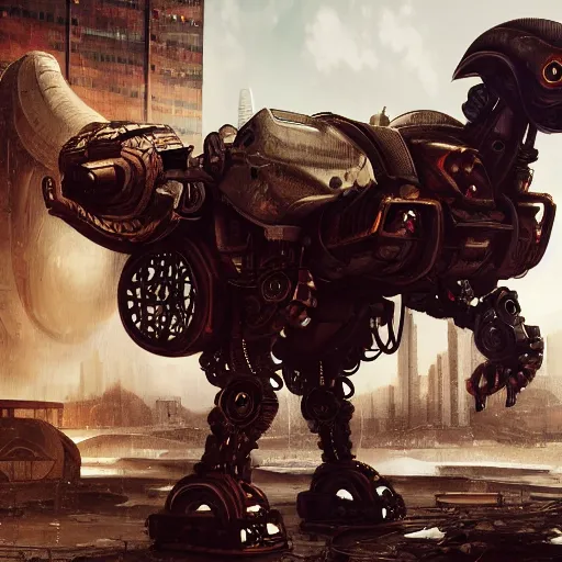 Image similar to ram sheep robot, intricate, sinister, futuristic, ultra realistic, hyper detailed, cinematic, digital art, artstation, trending, destroyed city in the background, depth of field