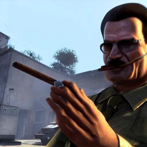 Image similar to Raul Menendez smoking a cigar, Black Ops 2 screenshot