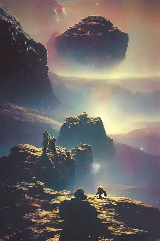 Prompt: rocky landscape, sunshine, space and nebula and stars background, distant king on throne, by ruan jia, jack kirby, norman rockwell, wayne barlow, sergey krasovskiy, zdzislaw beksinski, artstation creature