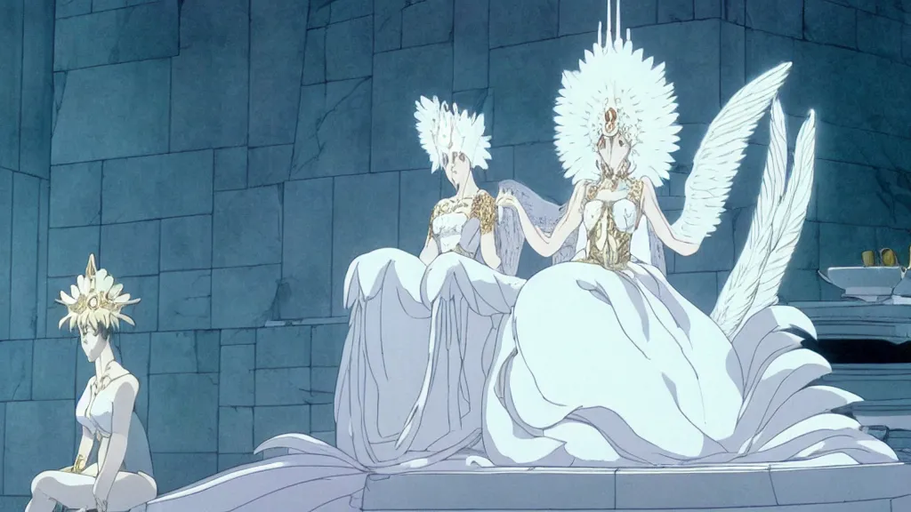 Image similar to a queen dressed as a white swan, wearing a swan mask, sitting in her white stone throne room, anime film still from the an anime directed by katsuhiro otomo with art direction by salvador dali, wide lens