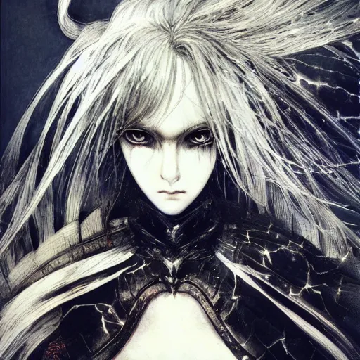 Image similar to Yoshitaka Amano realistic illustration of an anime girl with wavy white hair and cracks on her face wearing dark souls armour with the cape fluttering in the wind, abstract black and white patterns on the background, noisy film grain effect, highly detailed, Renaissance oil painting, weird portrait angle