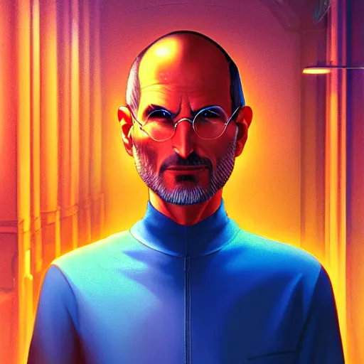 Prompt: futuristic portrait steve jobs standing cybercity, golden hour, poster by michael whelan and gilbert williams and evgeny lushpin and artgerm and alena aenami, 3 0 mm, well proportioned, highly detailed, rule of thirds, long exposure