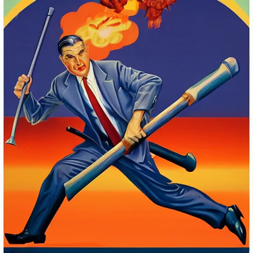 Image similar to art deco propaganda poster of robert mueller destroying wall with sledgehammer by j. c. leyendecker, bosch, lisa frank, jon mcnaughton, and beksinski