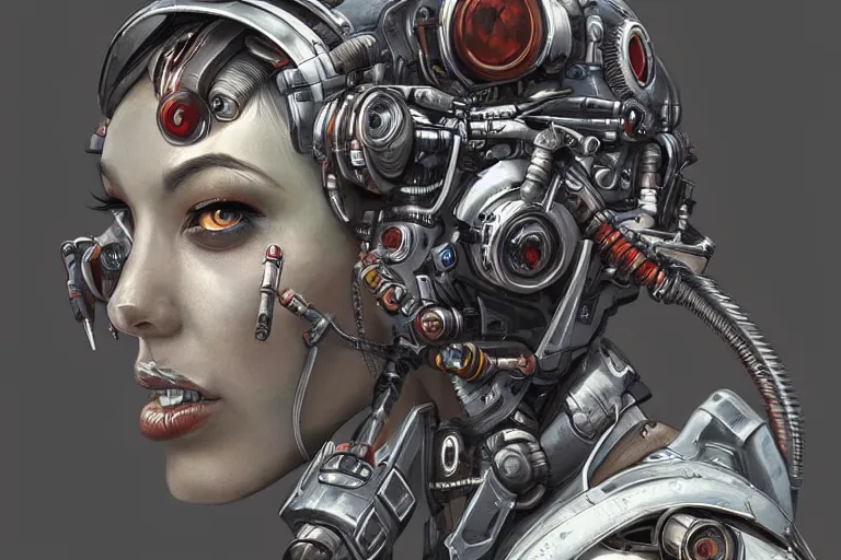 Image similar to “ a extremely detailed stunning portraits of atompunk cyborg by allen william on artstation ”