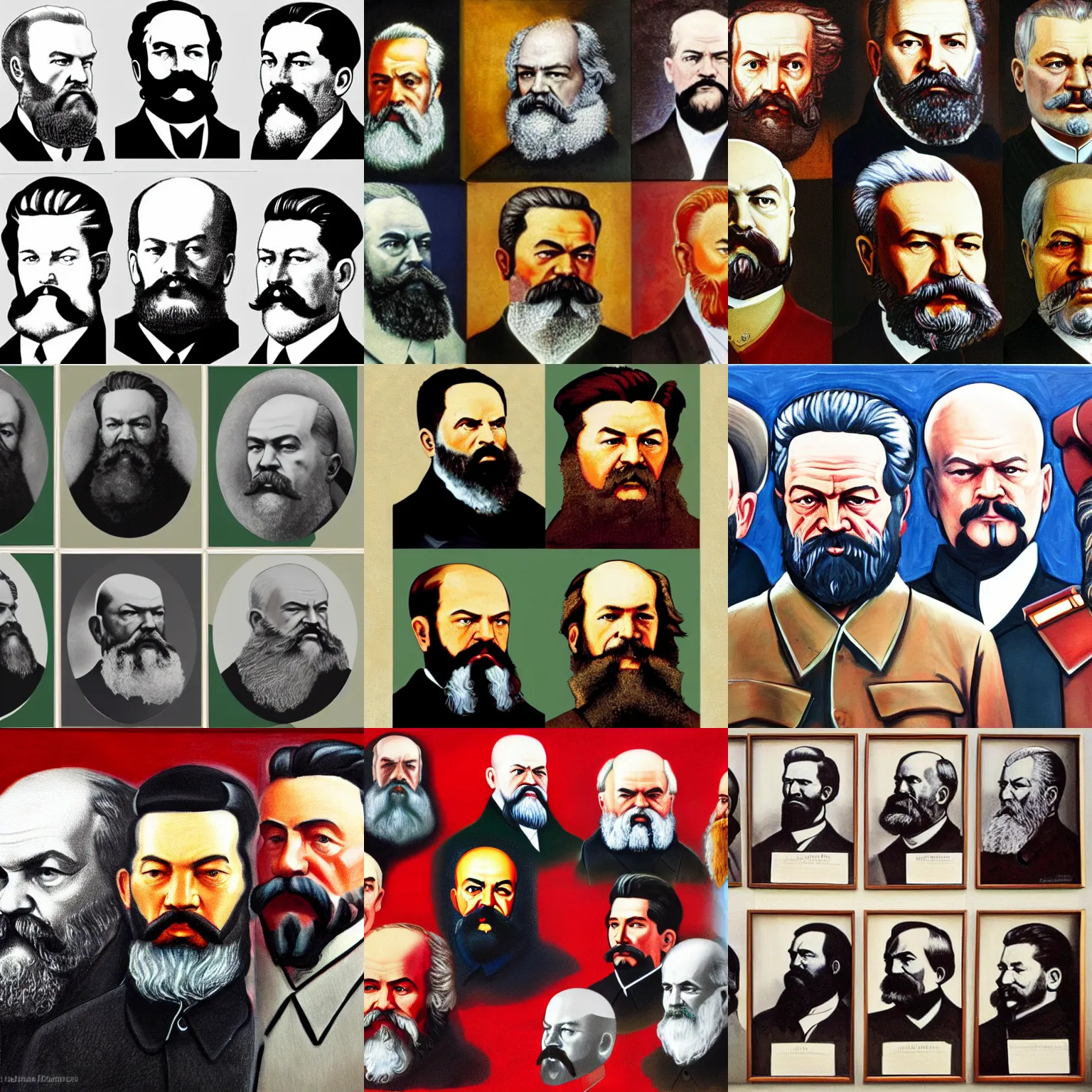 Prompt: a portrait style painting of Karl marx, John brown, Vladimir Lenin, stalin, chairman Mao, and Dale Earnhardt jr
