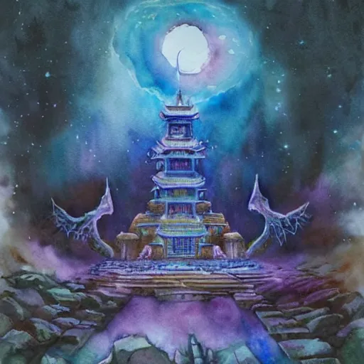 Prompt: grand dream cosmic temple where a man's soul goes to choose his next life, thick atmosphere, souls sprouting from the ground ,watercolor, epic shot