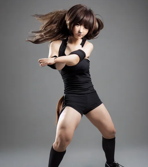 Prompt: an action photoshoot of akane owari, akane owari danganronpa, a toned japanese woman with dark tanned skin and wild wavy brown hair in a bob, hazel eyes, angular features, athletic body, buff, athletic fashion photography, sparring, dynamic pose, young and beautiful, white tank top, magazine cover, japanese facial features, full of energy