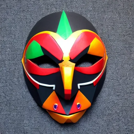 Image similar to nintendo 6 4 majoras mask realistic wearable mask. polygonal. very colorful.