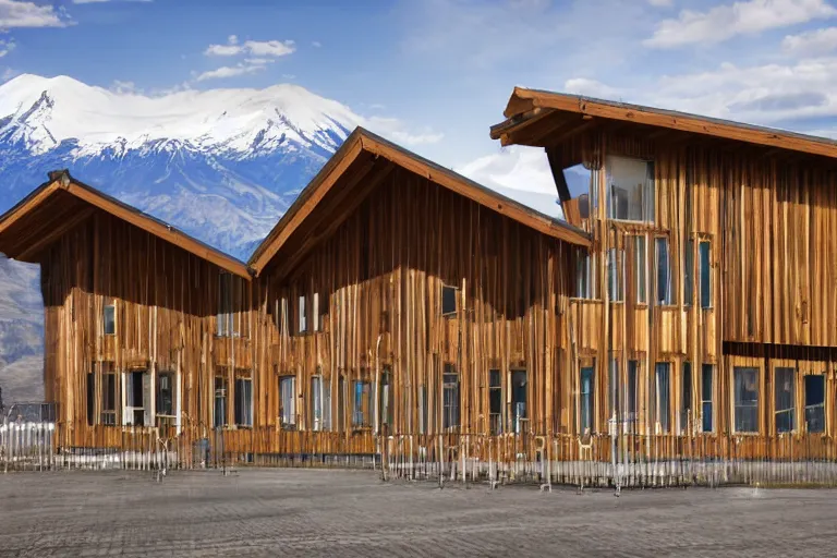 Image similar to architecture photo modern fachwerk wooden school with Elbrus mountain on the background, architecture, photorealism 8k , shining and happy atmosphere, uplight, high details