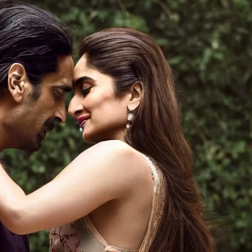 Image similar to closeup of kareena kapoor and arjun rampal kissing, natural lighting, hyper detailed, 1 0 0 mm, photographic, cinematic lighting, studio quality.