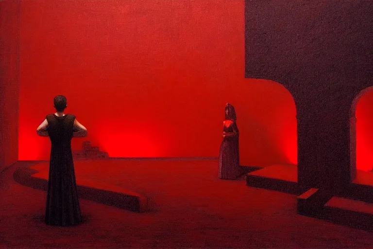 Image similar to only with red, a red great emperor, taormina amphitheatre, crowd with big smile, in the style of beksinski, parts by edward hopper, parts by rodcenko, parts by yue minjun, intricate and epic composition, red by caravaggio, insanely quality, highly detailed, masterpiece, red light, artstation, 4 k