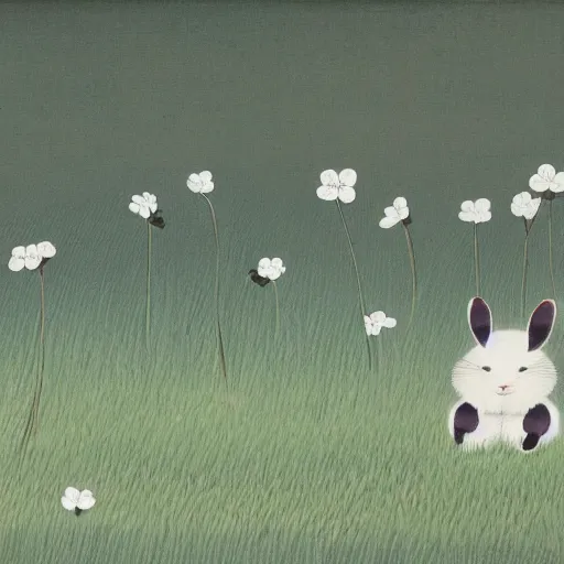 Image similar to a japanese painting of a white rabbit with long hairs in a clover field