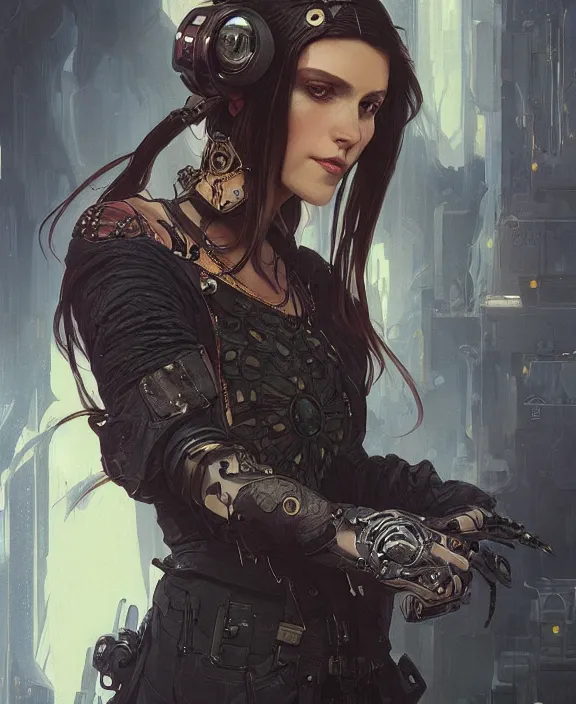 Image similar to portrait of a cyberpunk witch, half body, d & d, fantasy, intricate, elegant, highly detailed, digital painting, artstation, concept art, art by artgerm and greg rutkowski and alphonse mucha