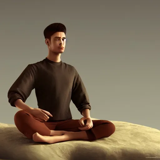 Image similar to a handsome young man sitting in meditation, 3 d render and matte painting, concept art, trending on artstation