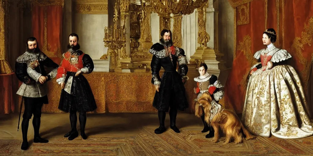 Image similar to A Spanish King with his queen and one young daughter, inside the morning room of their palace, a Yorkshire Terrier is at the arms of the king, very detailed, intricate, smooth, 8 k masterpiece, as painted by Velasquez