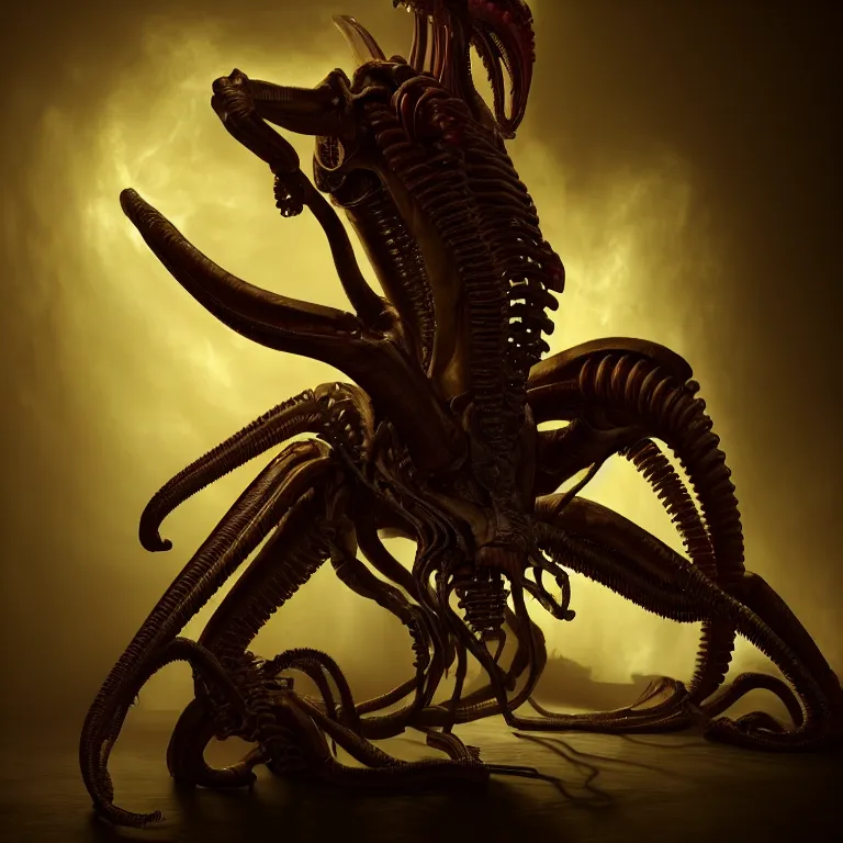 Image similar to still life of xenomorph, wide shot, soft glow bloom lucid dream - like ethereal atmosphere, baroque portrait painting, perfect composition, beautiful intricate detailed octane render trending on artstation, 8 k artistic photography, volumetric cinematic perfect light, chiaroscuro, masterpiece, raphael, caravaggio, rutkowski, beeple, beksinski