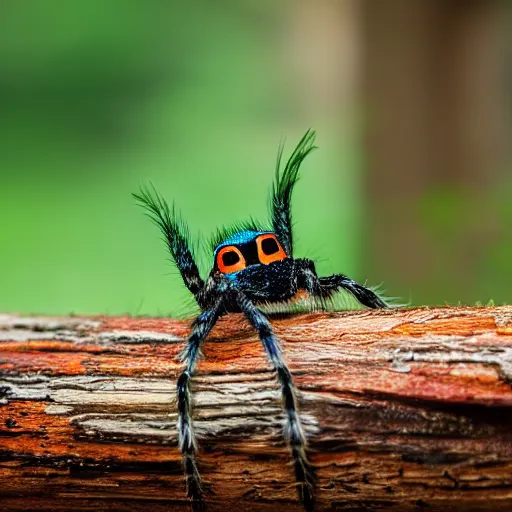 Prompt: a ( ( ( ( ( ( ( ( ( ( peacock spider ) ) ) ) ) ) ) ) ) ) on a jarrah log, canon eos r 3, f / 1. 4, iso 2 0 0, 1 / 1 6 0 s, 8 k, raw, unedited, symmetrical balance, wildlife photography, in - frame