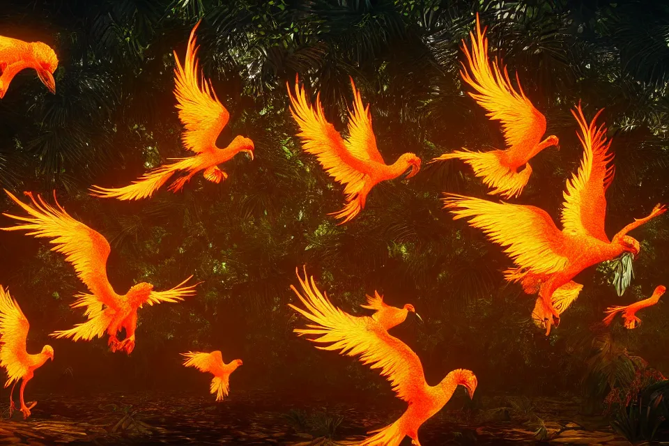 Prompt: flock of fiery golden phoenix birds in tropical forest, insanely detailed, digital art, photorealistic, wimmelbilder, unreal engine 5, dynamic lighting, raytracing effects, 1 6 k