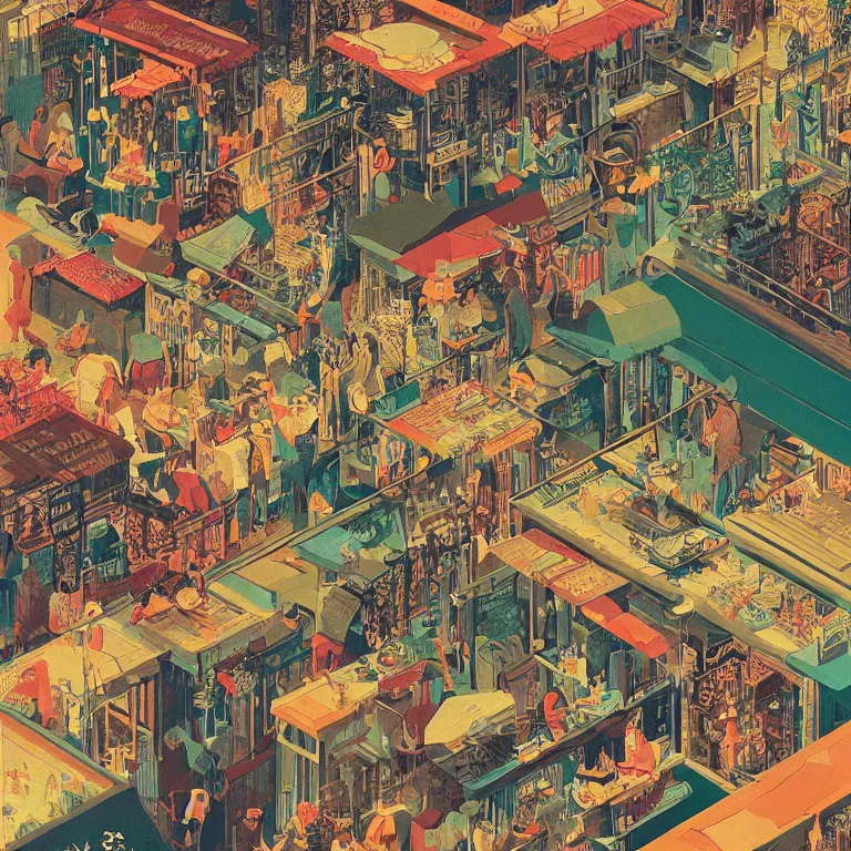 Prompt: isometric view illustration of a very lively bar neighborhood , highly detailed, end of the day, by Victo Ngai and Bruce Pennington