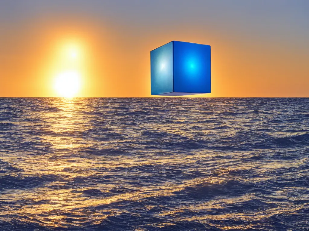 Image similar to a hyper realistic tesseract floating above the waves on a picturesque beach, golden hour, award winning photography, dazzling