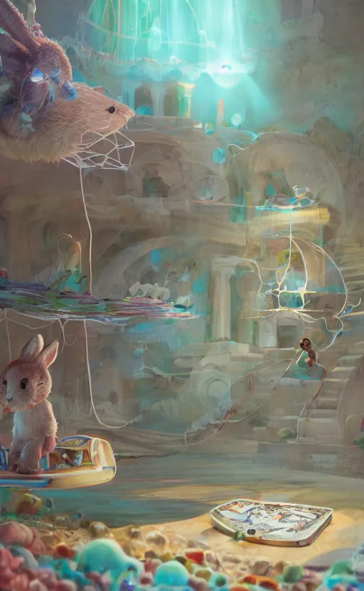 Prompt: tiny skateboard, roman temple, floating, rbc, bunny, radiolaria, protophyta, micro - organisms, center frame, symmetric, rim light, marine microbiology, bioluminescence, electric, fur, soft, concept art, intricate details, highly detailed, colorful, photorealistic, disney pixar, octane render, iridescent, anime, 8 k